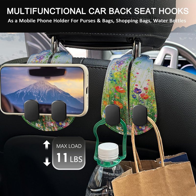 Blusabaca 2PCS Car Seat Back Storage Headrest Hooks, Floral Spring Purse Holder Bags Hanger, PU Leather Double Metal Hook for Backseat Organizer, Women Car Accessories Organization - Image 3
